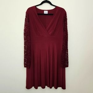Ashley Graham A-Line Dress with Long‎ Lace Sleeves Wine Red XL